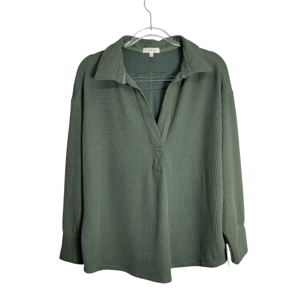 Ultra Flirt 1X Jonny Collar Pullover Olive Green Ribbed Long Sleeve Top New